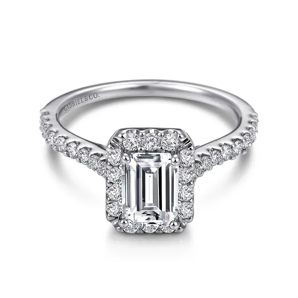 Lady's White 14 Karat Emerald Halo Diamond Engagement Ring Setting With One 1.79Ct Cubic Zirconium And 0.56Tw Round G/H Si2 Diamonds Van Adams Jewelers Snellville, GA