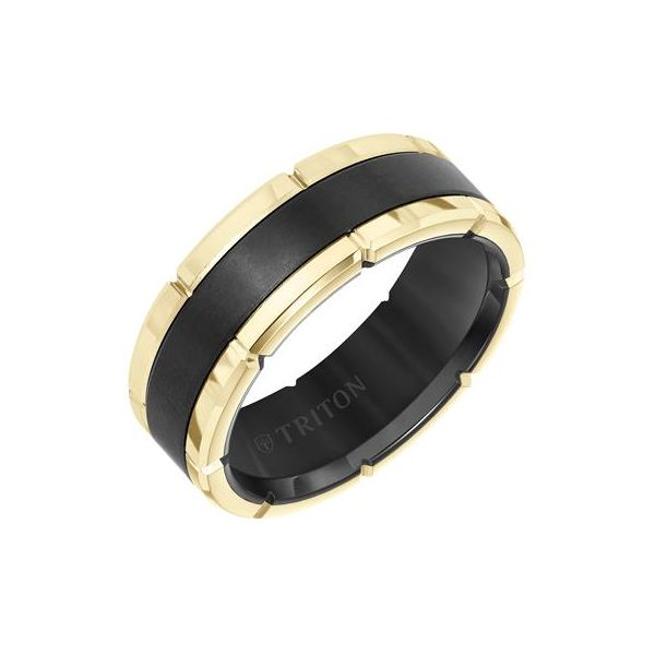 8MM Black Tungsten Carbide Flat Comfort Fit Men's Band with Brushed Center and Yellow Link Edge Image 2 Van Adams Jewelers Snellville, GA