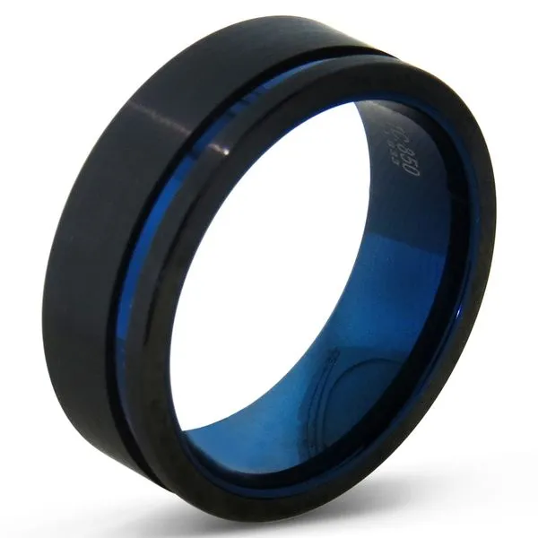 8MM Black And Blue Tungsten Engraved Wedding Band Van Adams Jewelers Snellville, GA