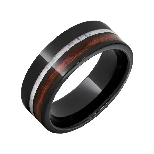 Black Ceramic Pipe Cut Band with Off-Center Barrel Aged™ Cabernet & Antler Inlay Van Adams Jewelers Snellville, GA