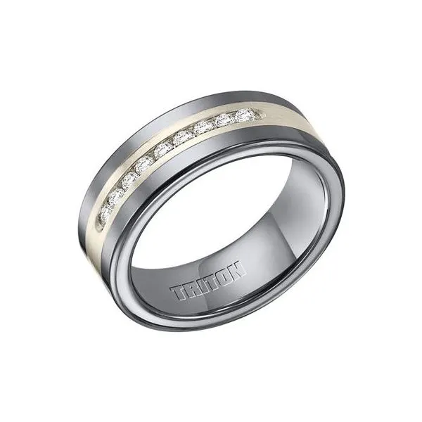 8mm Tungsten carbide comfort fit band with satin finish silver inlay and channel set diamonds Van Adams Jewelers Snellville, GA