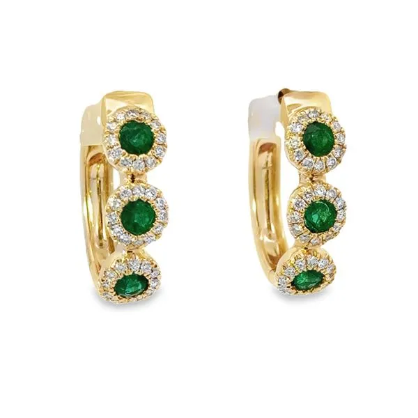 Yellow 14 Karat Small Hoop Diamond And Emerald  Earrings Van Adams Jewelers Snellville, GA