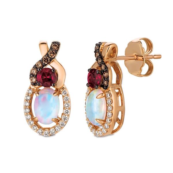 Le Vian Chocolatier® Earrings featuring Neopolitan Opal®, Raspberry Rhodolite® Chocolate diamonds® , Vanilla diamonds® set in 14K Van Adams Jewelers Snellville, GA