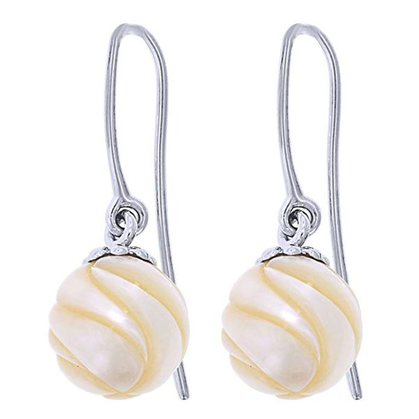 Lady's White Gold 14 Karat Earrings With 2  Fresh Water Pacifica Carved White Pearls Van Adams Jewelers Snellville, GA