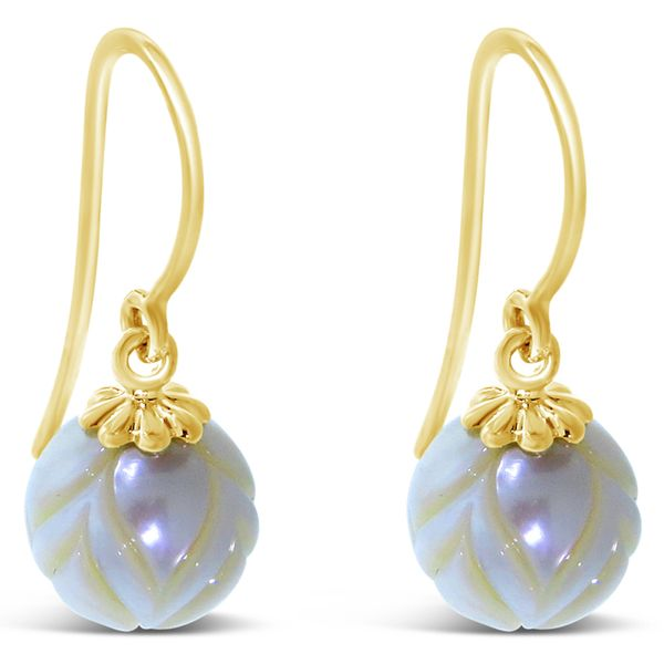 Lady's Yellow Gold 14 Karat Earrings With 2= Round Tulip Carved White Pearls Van Adams Jewelers Snellville, GA