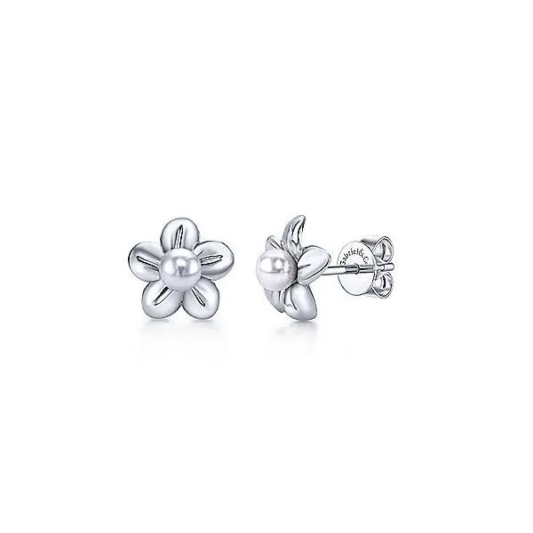 925 Sterling Silver Floral Dainty Cultured Pearl Stud Earrings Van Adams Jewelers Snellville, GA