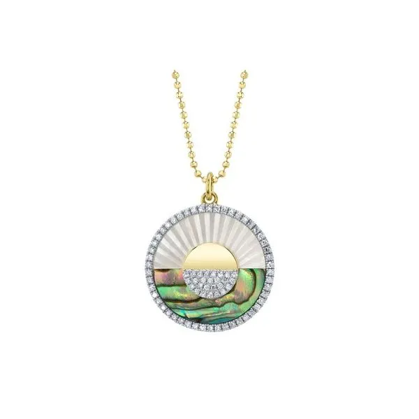 0.20CT DIAMOND & 3.06CT ABALONE SHELL & MOTHER OF PEARL PAVE RIBBED CIRCLE SUNRISE SUNSET FACETED BALL CHAIN NECKLACE Van Adams Jewelers Snellville, GA
