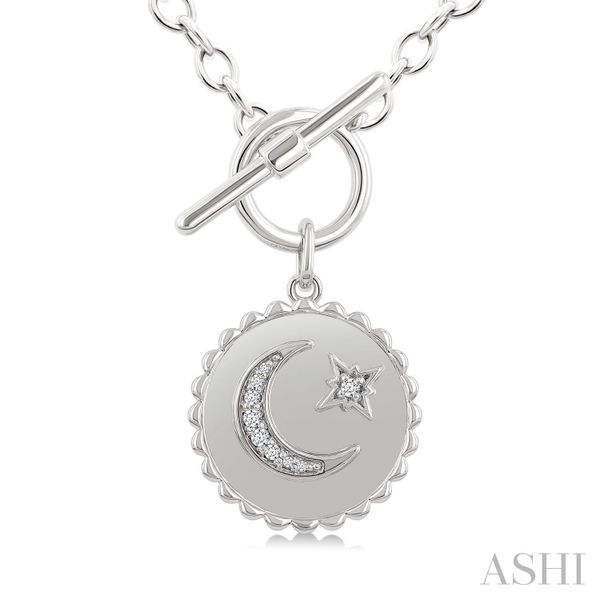 Silver Crescent Moon & Star Toggle Diamond Fashion Necklace Image 3 Van Adams Jewelers Snellville, GA