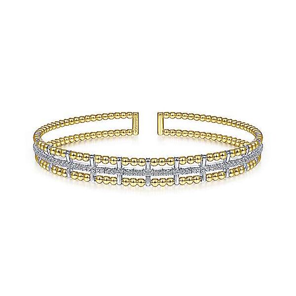 Gabriel & Co. 14K Yellow and White Gold Bujukan Bead Cuff Bangle with Inner Diamond Channel Van Adams Jewelers Snellville, GA