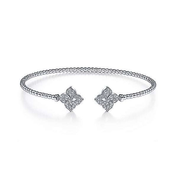 Gabriel & Co. 14K White Gold Bujukan Split Cuff Bangle with Diamond Flower Caps Van Adams Jewelers Snellville, GA