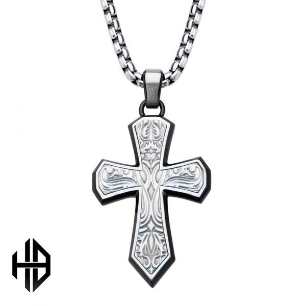 Hollis Bahringer Black Plated Stainless Steel Bold Ornate Texture Cross Pendant with Chain Van Adams Jewelers Snellville, GA