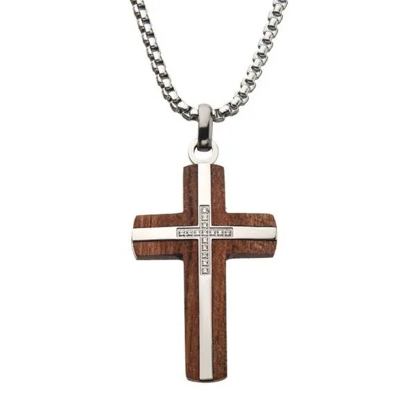 Bubinga Wood & Steel Cross Pendant with 15pcs 1mm Genuine Clear Diamonds Van Adams Jewelers Snellville, GA