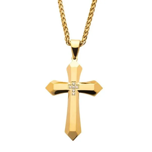 Gold Plated Cross with  Prong Set Clear CZ Pendant with Gold Plated Wheat Chain Van Adams Jewelers Snellville, GA