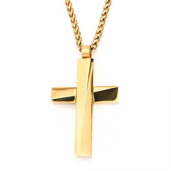 Gold Plated Cross Pendant with Gold Plated Round Wheat Chain Van Adams Jewelers Snellville, GA