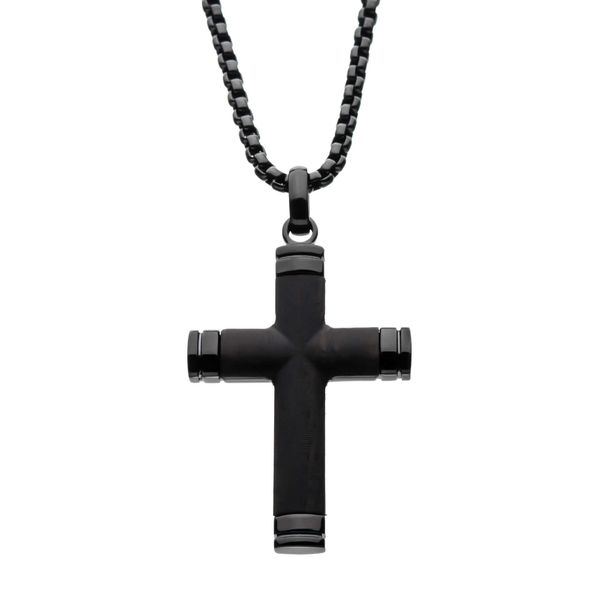 Black Plated Genuine Ebony Wood Inlayed Cross Pendant with Black Bold Box Chain Van Adams Jewelers Snellville, GA