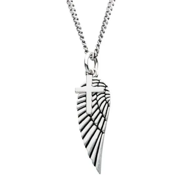 Silver Oxidized Wing & Cross Duo Pendant with Curb Chain Van Adams Jewelers Snellville, GA