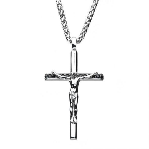 Stainless Steel with Black CZ Jesus Christ Crucifix Cross Pendant with Wheat Chain Van Adams Jewelers Snellville, GA