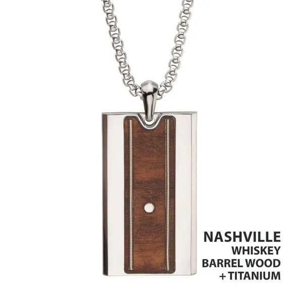 Titanium & Whiskey Barrel Wood Inlay with Embedded Guitar String Pendant Van Adams Jewelers Snellville, GA