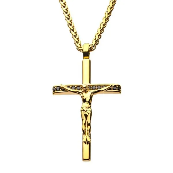 Stainless Steel Gold Plated with Black CZ Jesus Christ Crucifix Cross Pendant with Wheat Chain Van Adams Jewelers Snellville, GA