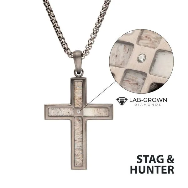 Gun Metal IP Steel Matte Finish Deer Antler Inlay with Lab-Grown Diamond Cross Pendant Van Adams Jewelers Snellville, GA
