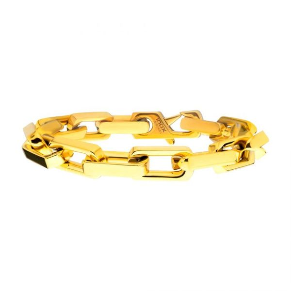 10mm High Polished Finish 18K Gold IP Heavy Flat Square Link Bracelet Van Adams Jewelers Snellville, GA
