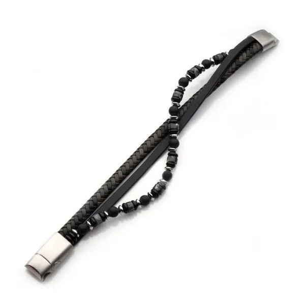 Black & Grey Leather with Black Onyx & White Howlite Stone Bead Multi-Strand Bracelet Image 2 Van Adams Jewelers Snellville, GA