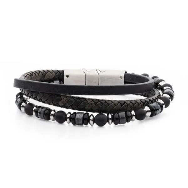Black & Grey Leather with Black Onyx & White Howlite Stone Bead Multi-Strand Bracelet Van Adams Jewelers Snellville, GA