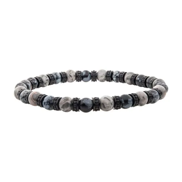 Black Steel Disks Alternating with Genuine Grey Jasper & Snowflake Obsidian Stone Beads Van Adams Jewelers Snellville, GA