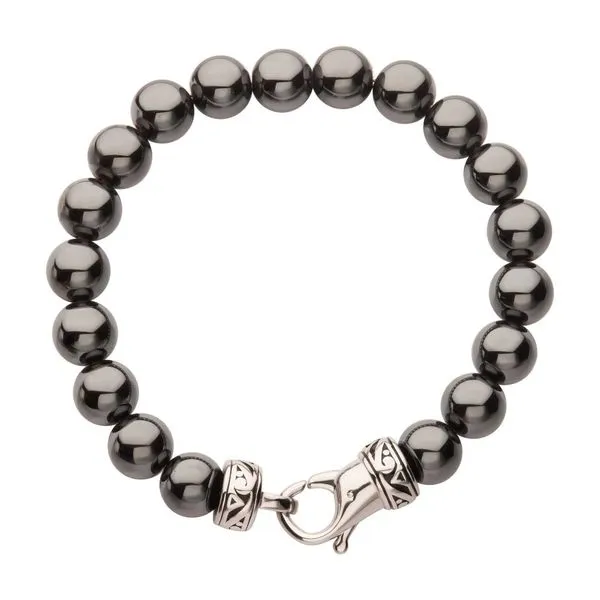 10mm Hematite Stone Bead Bracelet with Antiqued Stainless Steel Clasp Image 2 Van Adams Jewelers Snellville, GA