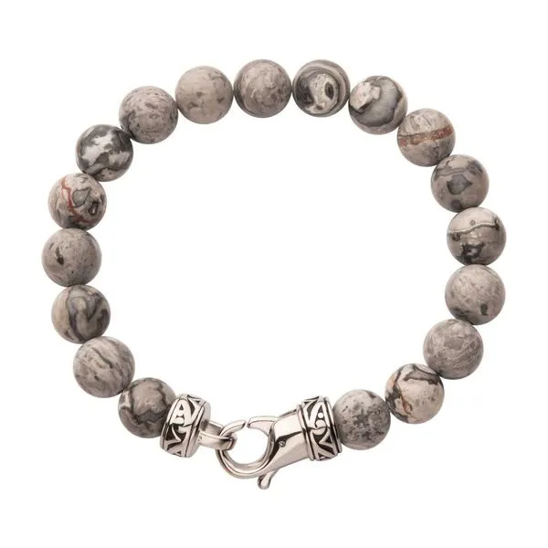 10MM GRAY JASPER STONE BEAD BRACELET WITH ANTIQUED STAINLESS STEEL CLASP Image 2 Van Adams Jewelers Snellville, GA