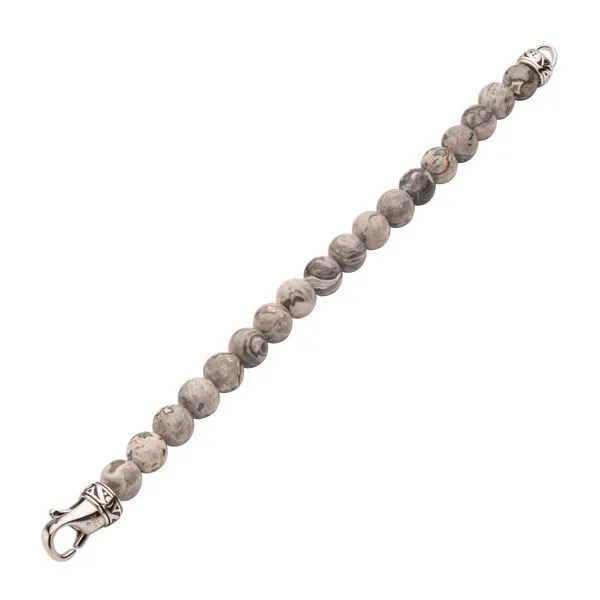 10MM GRAY JASPER STONE BEAD BRACELET WITH ANTIQUED STAINLESS STEEL CLASP Image 3 Van Adams Jewelers Snellville, GA