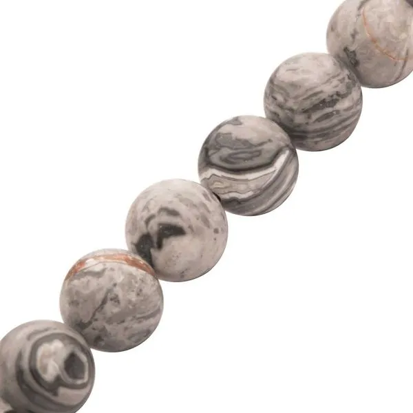 10MM GRAY JASPER STONE BEAD BRACELET WITH ANTIQUED STAINLESS STEEL CLASP Image 4 Van Adams Jewelers Snellville, GA