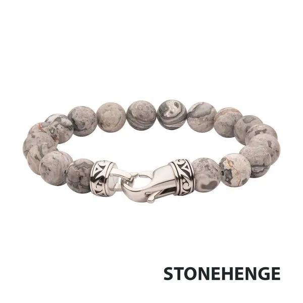 10MM GRAY JASPER STONE BEAD BRACELET WITH ANTIQUED STAINLESS STEEL CLASP Van Adams Jewelers Snellville, GA