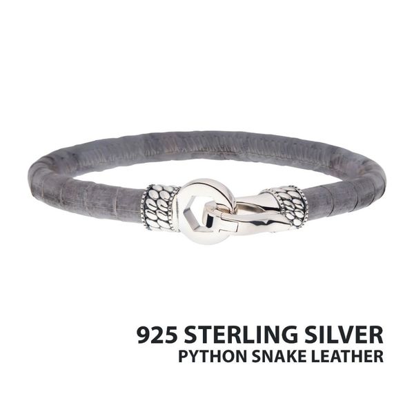 Gray Soft Python Snake Leather Bracelet with Hinged Polished Finish 925 Sterling Silver Clasp Van Adams Jewelers Snellville, GA