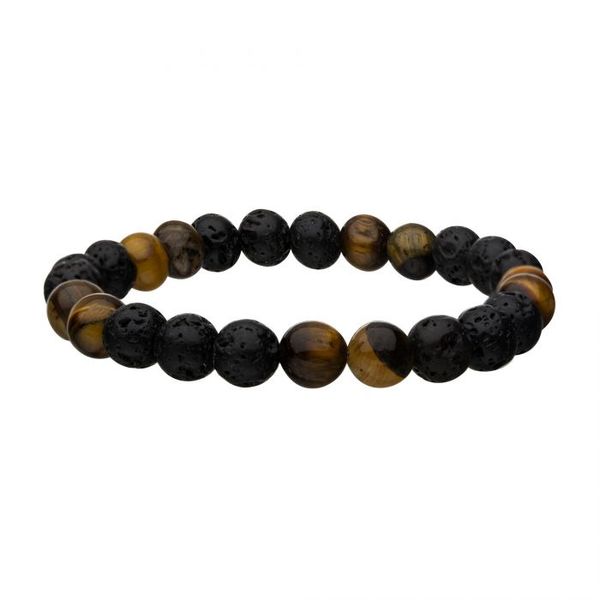 Men's Stainless Steel 25 pcs Lava and Tiger Eye Yellow 8mm Beads Bracelet. 8 inch long Van Adams Jewelers Snellville, GA