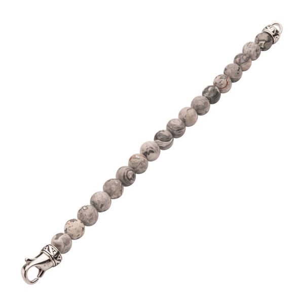 10MM GRAY JASPER STONE BEAD BRACELET WITH ANTIQUED STAINLESS STEEL CLASP Image 3 Van Adams Jewelers Snellville, GA
