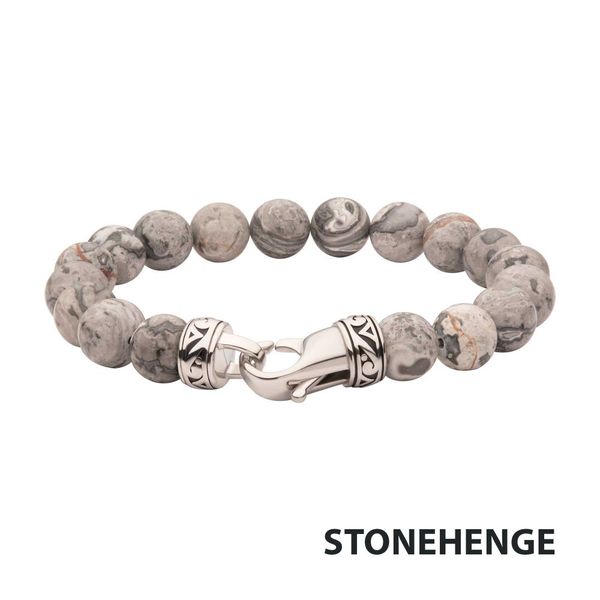 10MM GRAY JASPER STONE BEAD BRACELET WITH ANTIQUED STAINLESS STEEL CLASP Van Adams Jewelers Snellville, GA