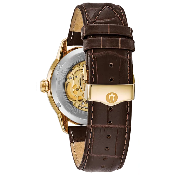 MENS BULOVA GOLD TONE STAINLESS STEEL STRAP LEATHER WATCH Image 2 Van Adams Jewelers Snellville, GA