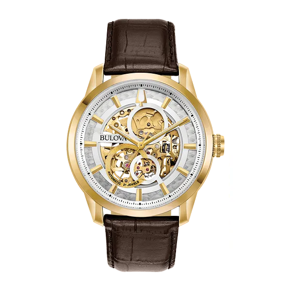 MENS BULOVA GOLD TONE STAINLESS STEEL STRAP LEATHER WATCH Van Adams Jewelers Snellville, GA