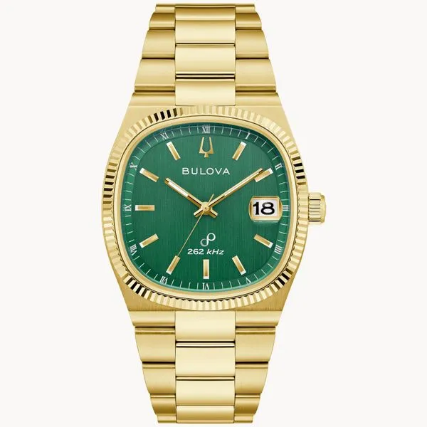 MENS BULOVA GREEN GOLD-TONE ACCENTS STAINLESS STEEL WATCH Van Adams Jewelers Snellville, GA