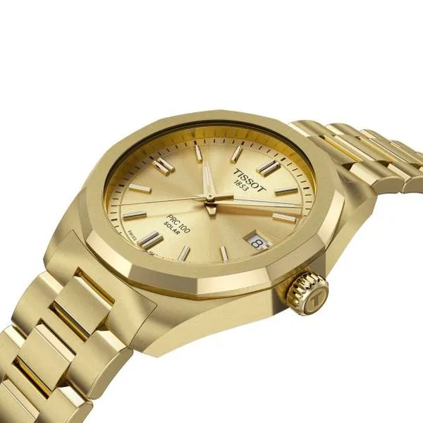 TISSOT PRC 100 SOLAR QUARTZ CHAMPAGNE DIAL GOLD-TONE BRACELET WATCH Image 2 Van Adams Jewelers Snellville, GA