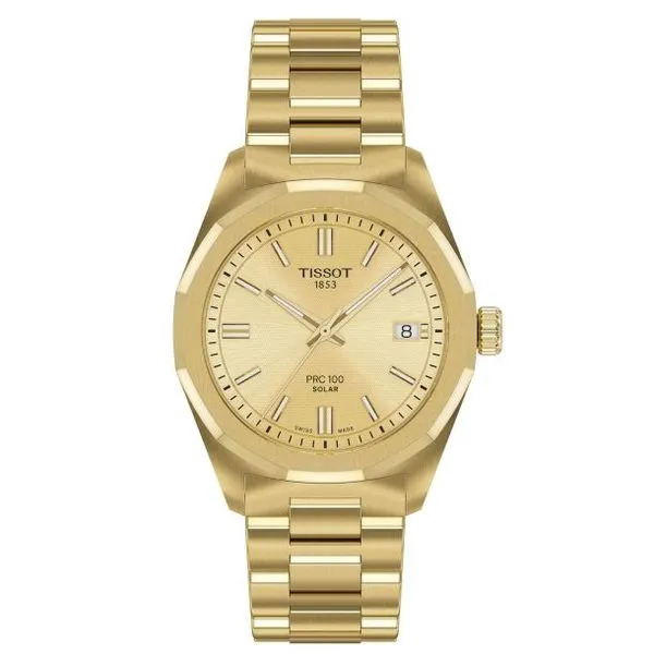 TISSOT PRC 100 SOLAR QUARTZ CHAMPAGNE DIAL GOLD-TONE BRACELET WATCH Van Adams Jewelers Snellville, GA