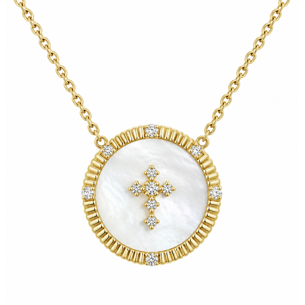 MOTHER OF PEARL BACKED CIRCLE PENDANT WITH DIAMOND CROSS Van Atkins Jewelers New Albany, MS