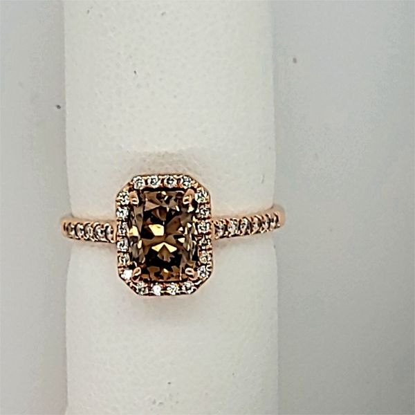 DIAMOND RING | EMERALD SHAPE DIAMOND | HALO SETTING | ROSE GOLD | 14 KARAT GOLD Van Scoy Jewelers Wyomissing, PA