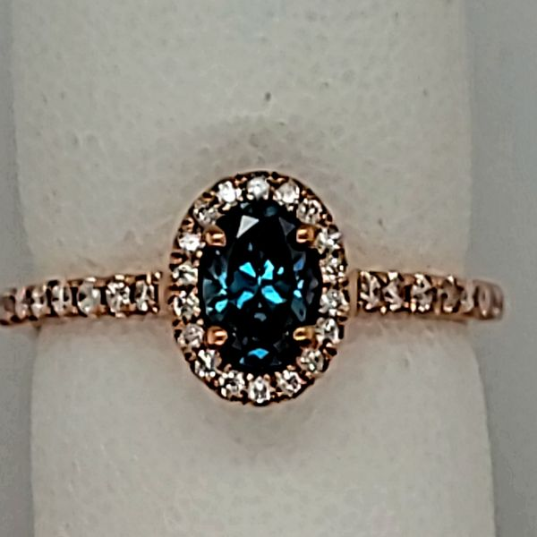 DIAMOND RING | 14 KARAT | ROSE GOLD | ENHANCED BLUE DIAMOND | HALO Van Scoy Jewelers Wyomissing, PA