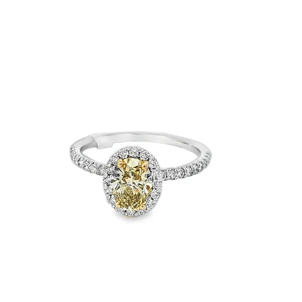 14K White Gold Diamond Halo Ring | 0.90 Carat Oval Natural Yellow Diamond Surrounded by 0.30 Carat Diamond Halo Van Scoy Jewelers Wyomissing, PA