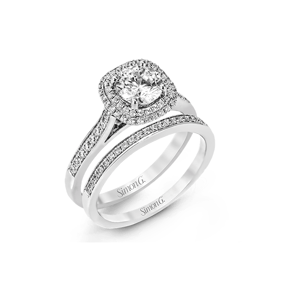 Simon G Semi-mount engagement ring setting and matching wedding band. Van Scoy Jewelers Wyomissing, PA