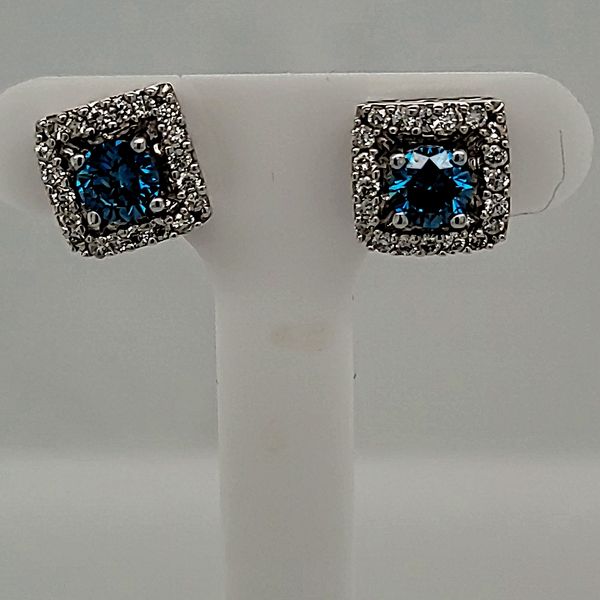 DIAMOND EARRINGS | 14 KARAT | STUDS | ENHANCED BLUE DIAMONDS | HALO Van Scoy Jewelers Wyomissing, PA