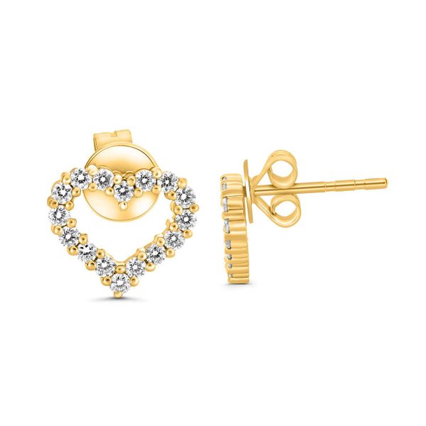 Charming 14 Karat Yellow Gold Diamond Heart Earrings with 32 Round Diamonds = 0.32 Carat Van Scoy Jewelers Wyomissing, PA