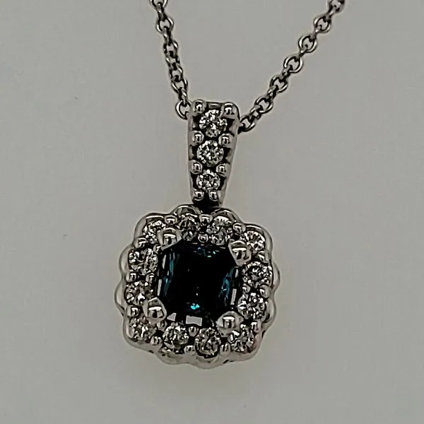 DIAMOND PENDANT | HALO | 14 KARAT WHITE GOLD | ENHANCED BLUE DIAMOND Van Scoy Jewelers Wyomissing, PA